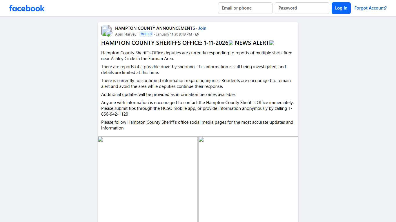 HAMPTON COUNTY ANNOUNCEMENTS HAMPTON COUNTY SHERIFFS OFFICE: 1-11-2026🚨NEWS ALERT🚨 Facebook